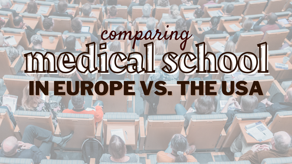 a faded background image of students in a lecture hall with the words "comparing medical school in europe vs. the us" in larg